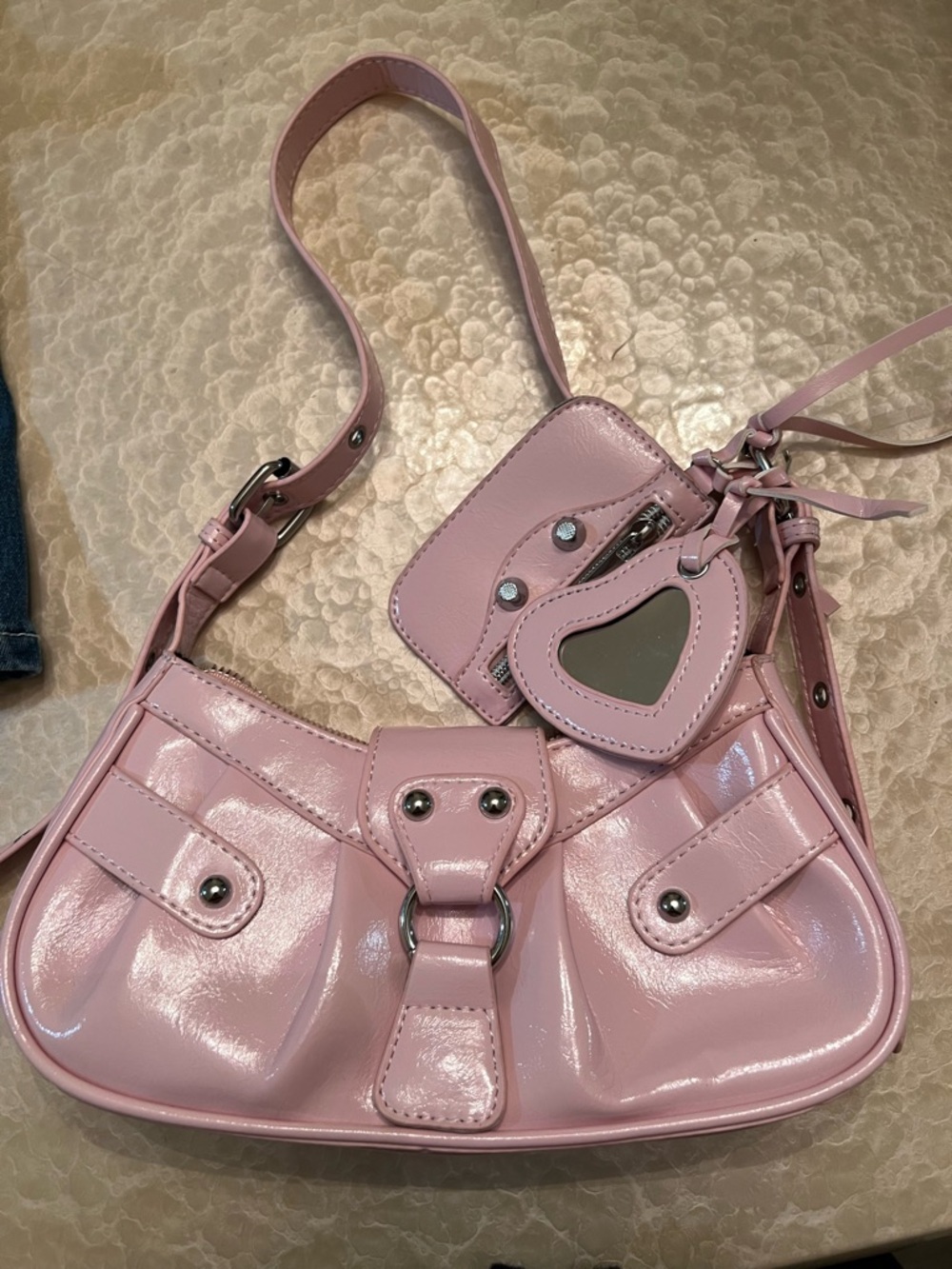 Pink Patent Leather Shoulder Bag with Heart Mirror
